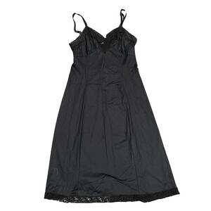 Vintage Black Lace Trim Full Slip Dress Adjustable Straps V-Neck Knee Length